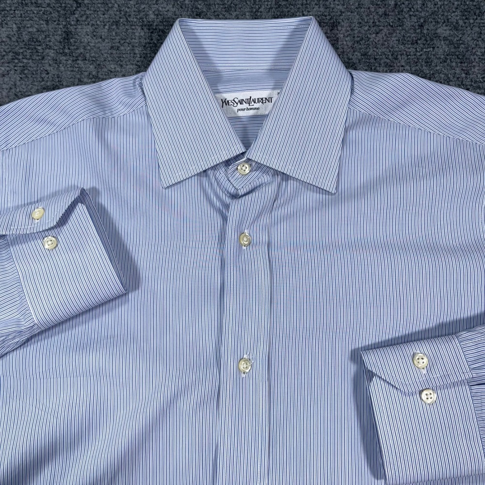 Yves Saint Laurent Pour Homme Dress Shirt Mens 15.5 Striped Blue Old Money Italy
